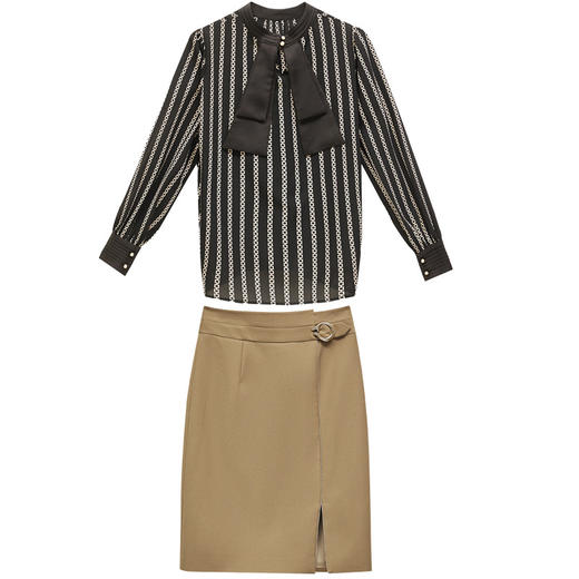 HRWM881229 套装女2023年秋上新时尚潮流修身显瘦名媛风拼色上衣搭纯色包臀裙 商品图4