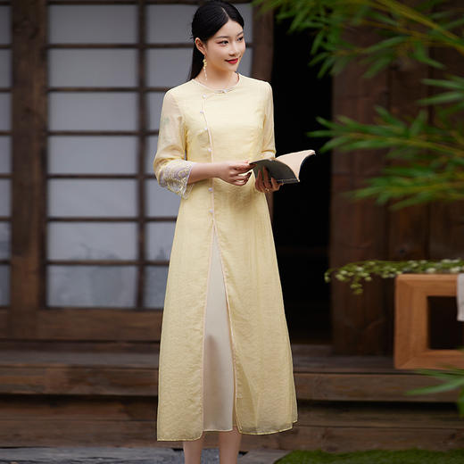 改良旗袍连衣裙2023春季新款收腰复古绣花禅意茶服圆领长裙FL-6015 商品图2