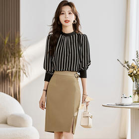 HRWM881229 套装女2023年秋上新时尚潮流修身显瘦名媛风拼色上衣搭纯色包臀裙