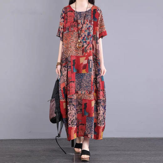 GYH 8716复古花色连衣裙宽松妈妈印花裙 商品图0