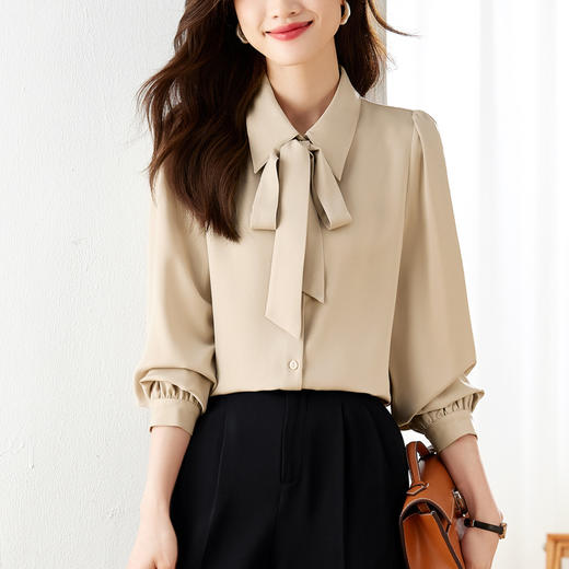 KQL645T8389 灯笼袖春夏新款蝴蝶结衬衫白色内搭衬衣女正装系带设计感职业上衣 商品图1