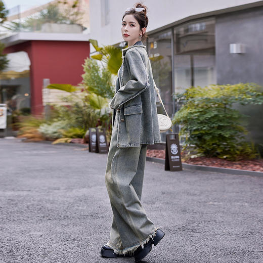 HR WH23769牛仔阔腿裤套装气质磨毛做旧宽松遮肉显瘦两件套 商品图2