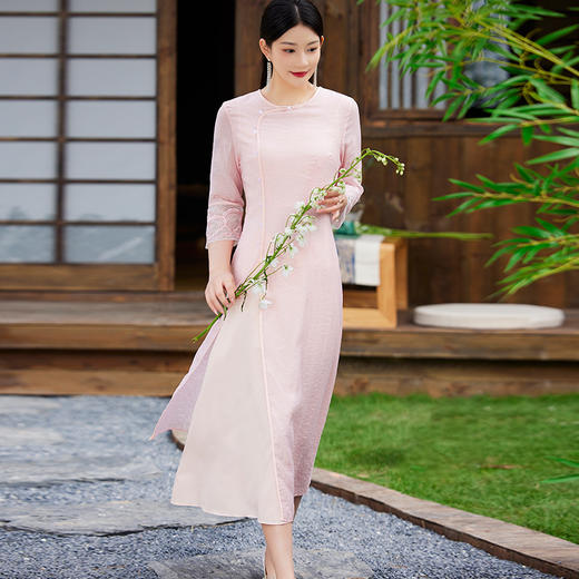 改良旗袍连衣裙2023春季新款收腰复古绣花禅意茶服圆领长裙FL-6015 商品图1