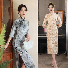 SKY 198008复古国风提花丝中长七分袖旗袍