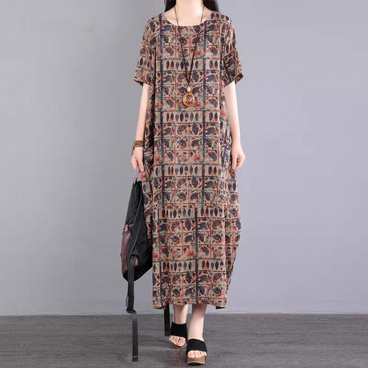 GYH 8716复古花色连衣裙宽松妈妈印花裙 商品图3