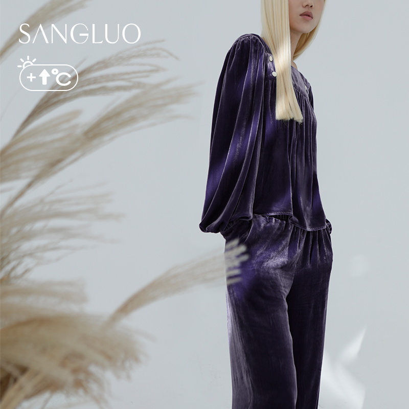 SANGLUO暖感锁温』 桑蚕丝丝绒睡衣套装复古方领保暖可外穿家居服