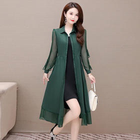 秋季新款，纯色薄款长袖拼结开衫裙中长款腰带裙时尚风衣式连衣裙QYM-JJ-C22803-Y