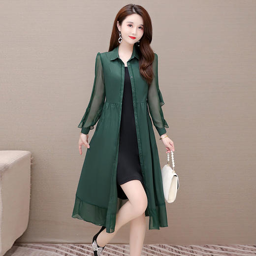 秋季新款，纯色薄款长袖拼结开衫裙中长款腰带裙时尚风衣式连衣裙QYM-JJ-C22803-Y 商品图0