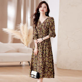 HR WA23719气质V领时尚抽绳显瘦高腰A字碎花连衣裙