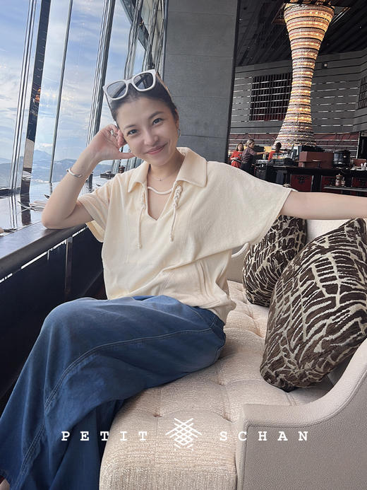 PETIT SCHAN小闪  CLO#328 braid 麻花辫 日本进口有机棉Eco Blue再生环保面料毛巾布系绳V领短袖 商品图2