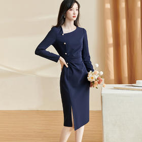 剩S/M/L 米思阳2026春季新款气质优雅净色连衣裙纽扣褶皱开叉长袖裙子2401