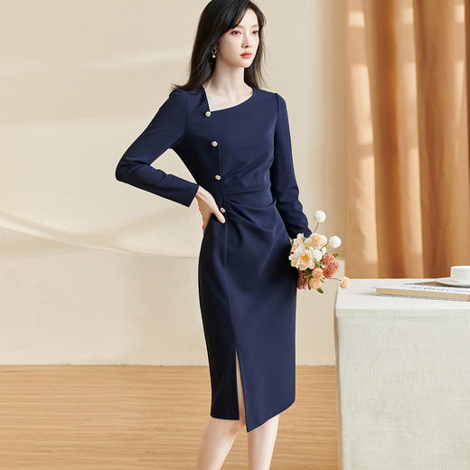 剩S/M/L 米思阳2026春季新款气质优雅净色连衣裙纽扣褶皱开叉长袖裙子2401 商品图0