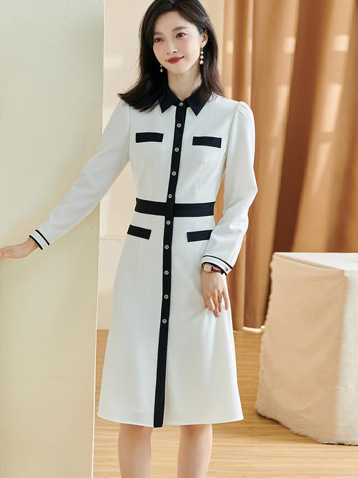 剩S/M/L/XL/XXL 米思阳2026春季新款通勤气质撞色连衣裙纽扣定纺肌理感裙子女2475 商品图1