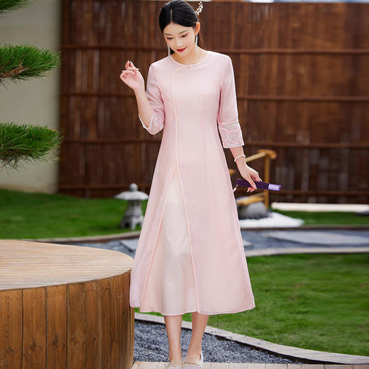改良旗袍连衣裙2023春季新款收腰复古绣花禅意茶服圆领长裙FL-6015 商品图3