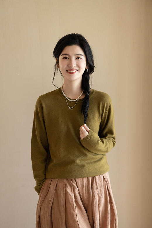 绽放645朵/纯色毛衣2023早秋新款日系慵懒风圆领宽松长袖针织衫 商品图5