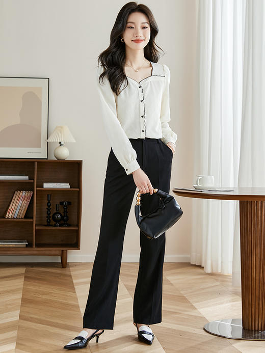 【专属特惠】熙世界法式钻石方领雪纺衫秋2025新款长袖提花上衣时尚洋气小衫 商品图3