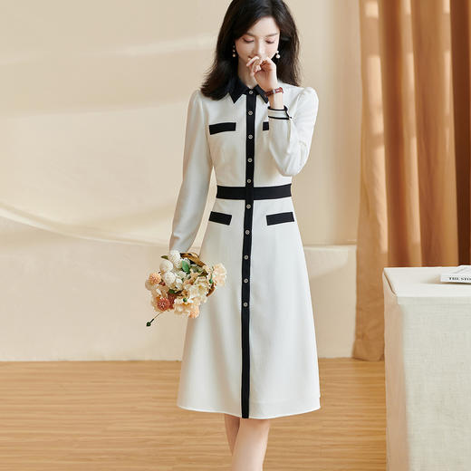 剩S/M/L/XL/XXL 米思阳2026春季新款通勤气质撞色连衣裙纽扣定纺肌理感裙子女2475 商品图0