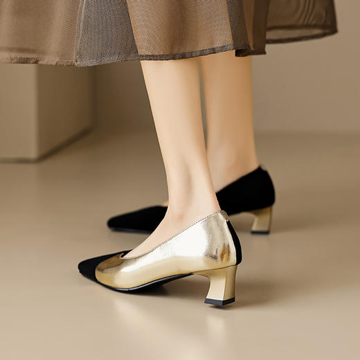 优雅百搭，撞色拼接中跟浅口单鞋OFSM-6775 商品图1