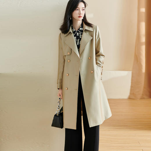 米思阳2026春季通勤气质卡其色风衣西装领系带双排扣外套2511/4224 商品图1