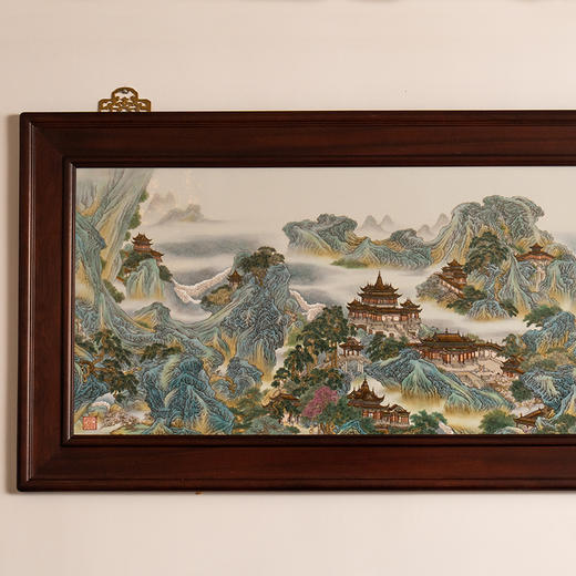 二十世纪 红木镶粉彩山水楼台瓷板画挂屏 商品图1