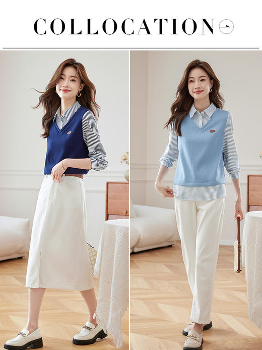 【1件73折】熙世界2025秋新款女装时尚洋气休闲条纹衬衫拼接上衣假两件卫衣 商品图4