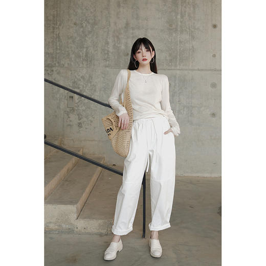 【388任选2件|不退换】UMILAB 休闲风挺括有型高密纯棉松紧腰抽绳设计九分裤女秋BP901N 商品图0