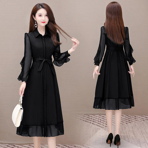 秋季新款，纯色薄款长袖拼结开衫裙中长款腰带裙时尚风衣式连衣裙QYM-JJ-C22803-Y 商品图2