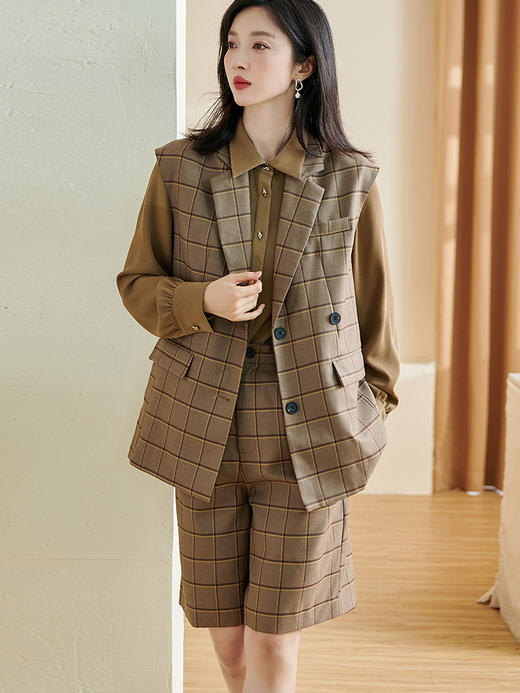 米思阳2026春季新款复古经典时尚套装口袋格纹马甲中裤两件套2581 商品图1