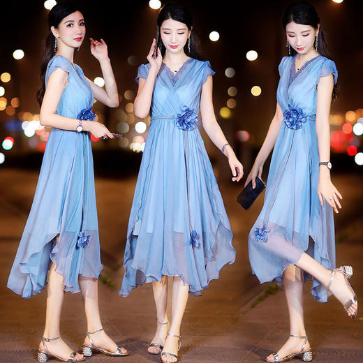 雪纺连衣裙女夏2023流行V领蕾丝显瘦ins仙长裙收腰轻熟气质长裙DD 商品图3