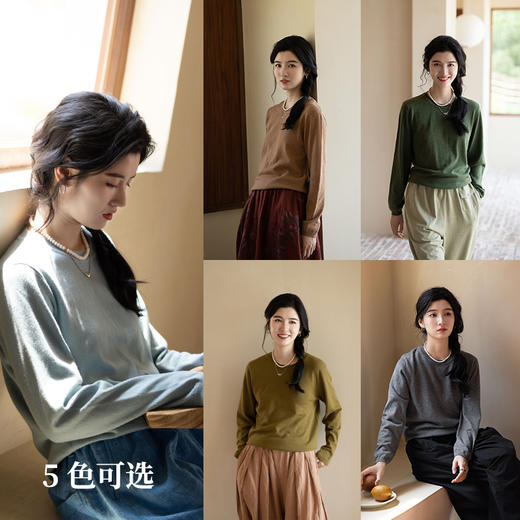 绽放645朵/纯色毛衣2023早秋新款日系慵懒风圆领宽松长袖针织衫 商品图1