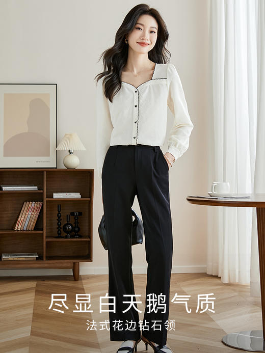 【专属特惠】熙世界法式钻石方领雪纺衫秋2025新款长袖提花上衣时尚洋气小衫 商品图1