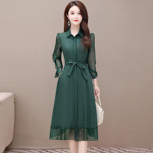 秋季新款，纯色薄款长袖拼结开衫裙中长款腰带裙时尚风衣式连衣裙QYM-JJ-C22803-Y 商品图5