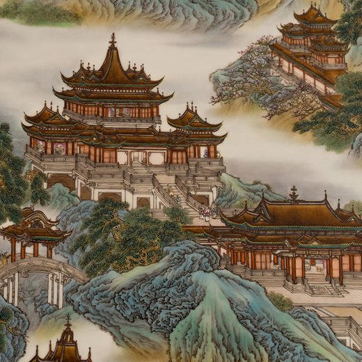 二十世纪 红木镶粉彩山水楼台瓷板画挂屏 商品图2