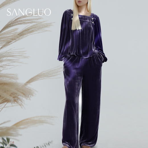 SANGLUO暖感锁温』 桑蚕丝丝绒睡衣套装复古方领保暖可外穿家居服 商品图2