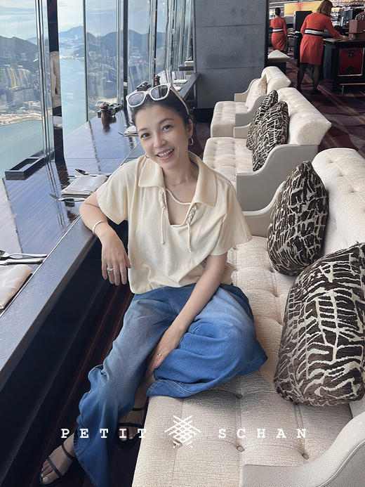 PETIT SCHAN小闪  CLO#328 braid 麻花辫 日本进口有机棉Eco Blue再生环保面料毛巾布系绳V领短袖 商品图0