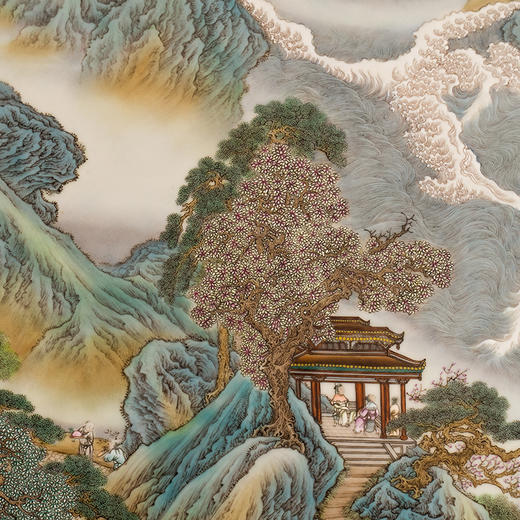 二十世纪 红木镶粉彩山水楼台瓷板画挂屏 商品图3