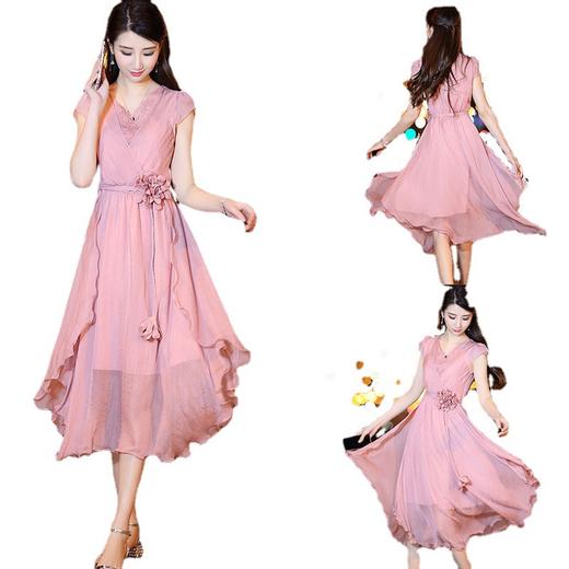 雪纺连衣裙女夏2023流行V领蕾丝显瘦ins仙长裙收腰轻熟气质长裙DD 商品图4