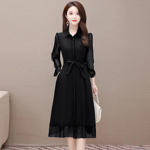秋季新款，纯色薄款长袖拼结开衫裙中长款腰带裙时尚风衣式连衣裙QYM-JJ-C22803-Y 商品图1
