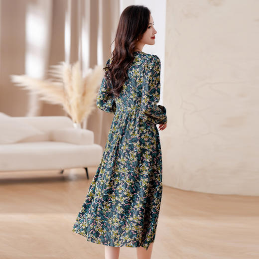 HR WA23719气质V领时尚抽绳显瘦高腰A字碎花连衣裙 商品图3