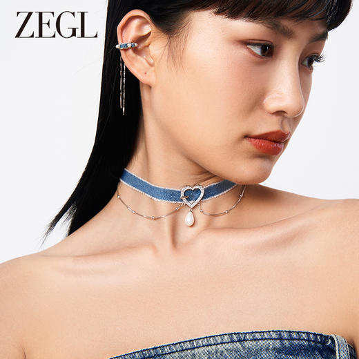 ZEGL设计师丹宁系列牛仔爱心叠戴项链女爱心锁骨链choker颈链项圈 商品图5