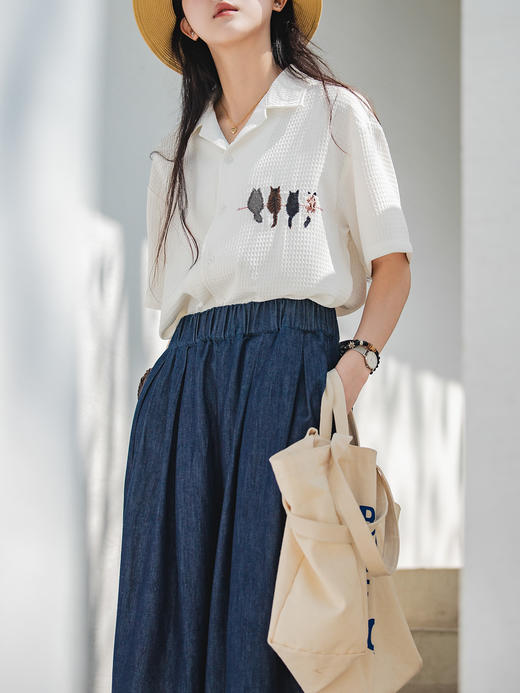 马登华夫格衬衫薄正肩上衣刺绣宽松日系通勤衬衣短袖女t恤夏款女 商品图3