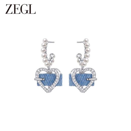 ZEGL设计师丹宁系列牛仔风爱心仿珍珠耳环女复古甜酷耳钉银针耳饰 商品图0