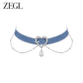 ZEGL设计师丹宁系列牛仔爱心叠戴项链女爱心锁骨链choker颈链项圈