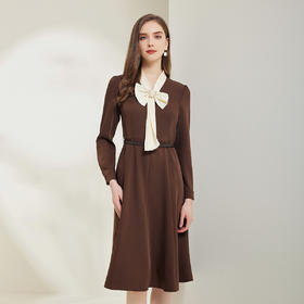 RE8A6斯尔丽瑟俪2023秋季新款蝴蝶结拼接长袖法式连衣裙