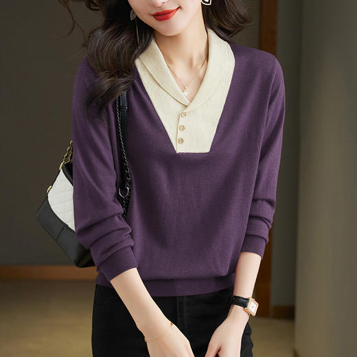 V领拼色针织衫女，长袖上衣秋装新款早秋毛衣洋气春秋打底衫CC-121-8536 商品图7