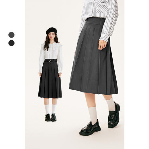 【严选】诗凡黎春高腰显瘦a字小个子jk学院风灰色百褶裙7E1140071 商品图0