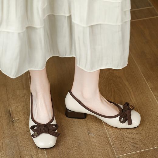 ZHR蝴蝶结撞色拼接单鞋法式复古小皮鞋高跟鞋子女2023新款秋 商品图0