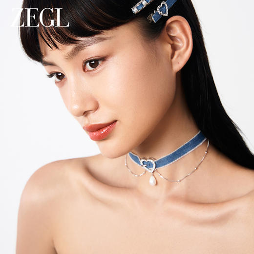 ZEGL设计师丹宁系列牛仔爱心叠戴项链女爱心锁骨链choker颈链项圈 商品图2