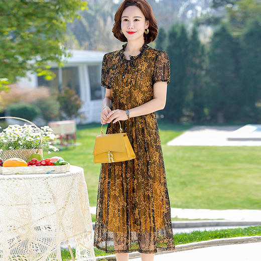 YCEAW-2318中年台湾网纱连衣裙女品牌短袖时尚新款年轻妈妈夏装洋气过膝裙子 商品图1