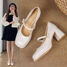 ZHR玛丽珍粗跟单鞋女珍珠法式复古高跟鞋一字带浅口小皮鞋女秋季